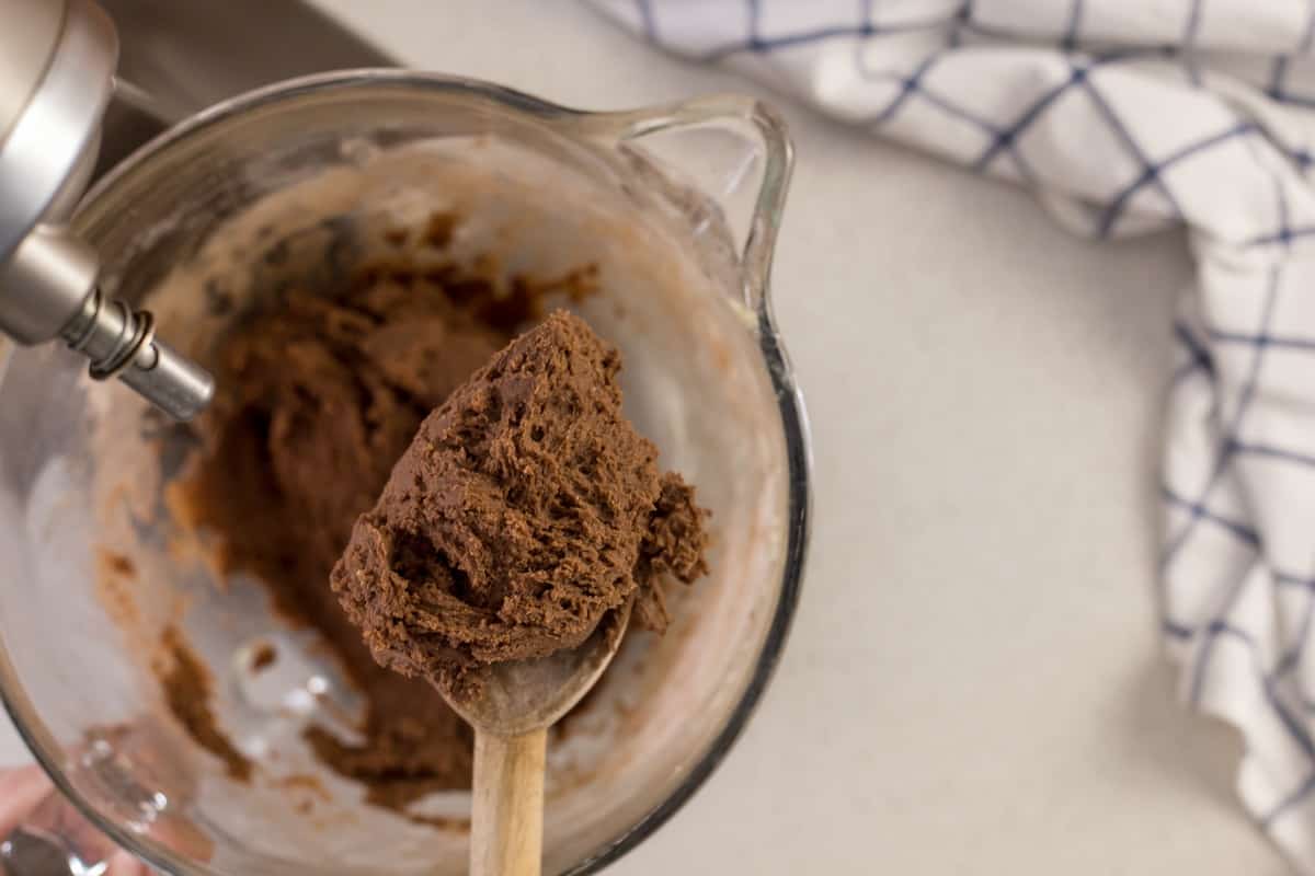 A wooden spoon with the chocolate biscotti batter.