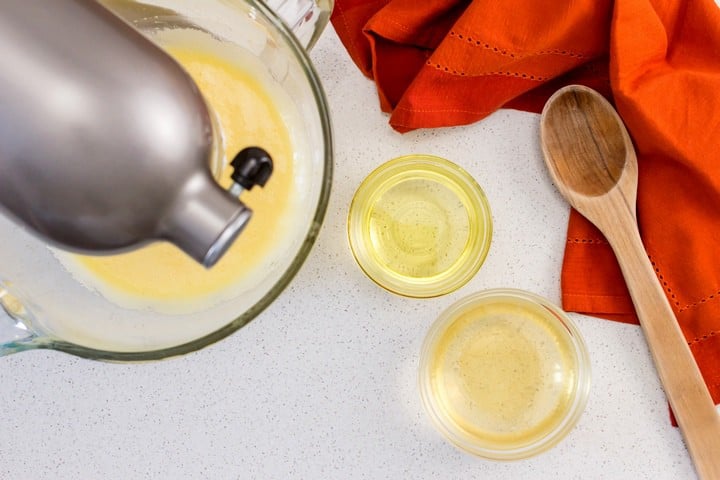 The liquid ingredients for the ciambelline al vino about to be combines together.