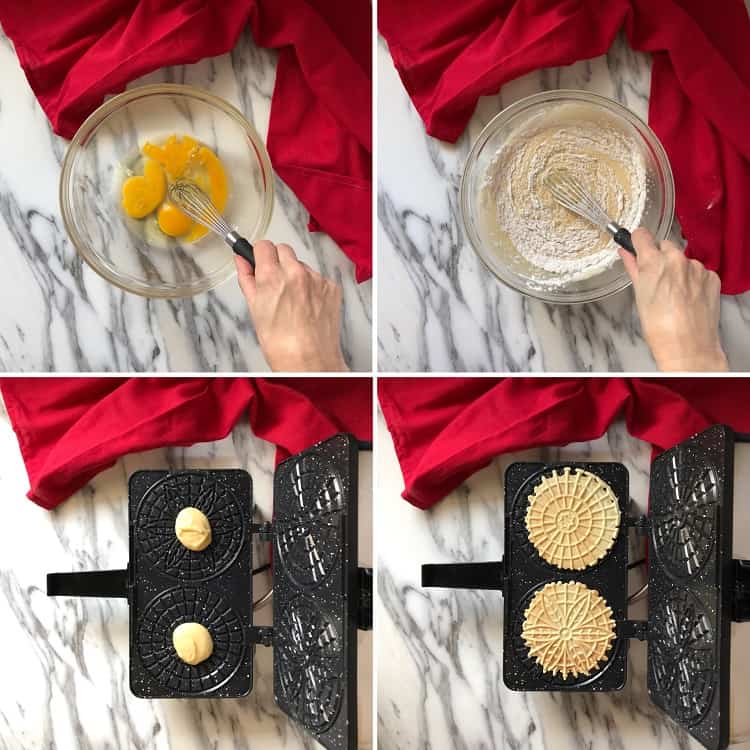 A series of 4 photos showing the transition of beating the eggs; incorporating the flpour; dropping a tablespoon of dough on a pizzelle iron and the finished product still on the iron.