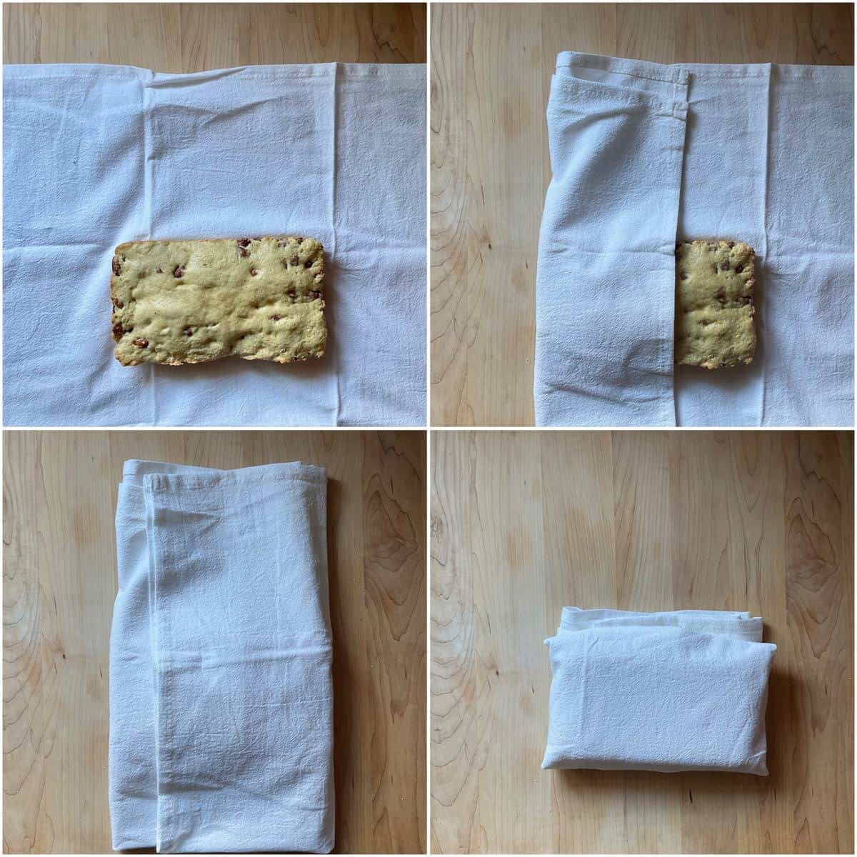 A photo collage of an almond bread loaf being wrapped in a tea towel.
