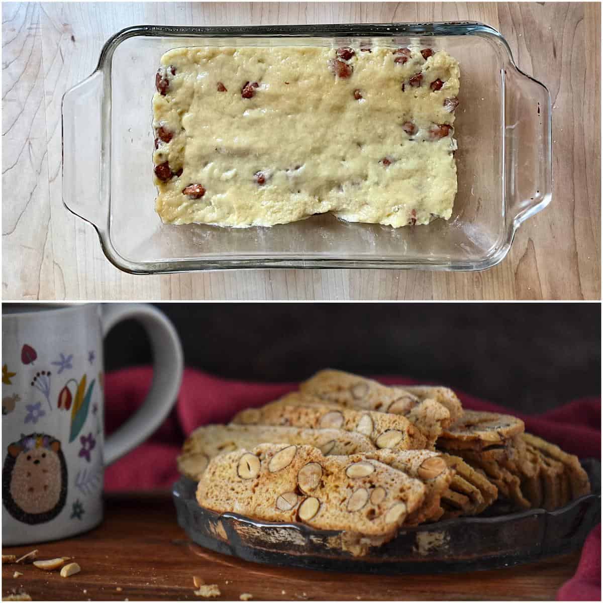 A photo collage of almond bread baked in a loaf pan.