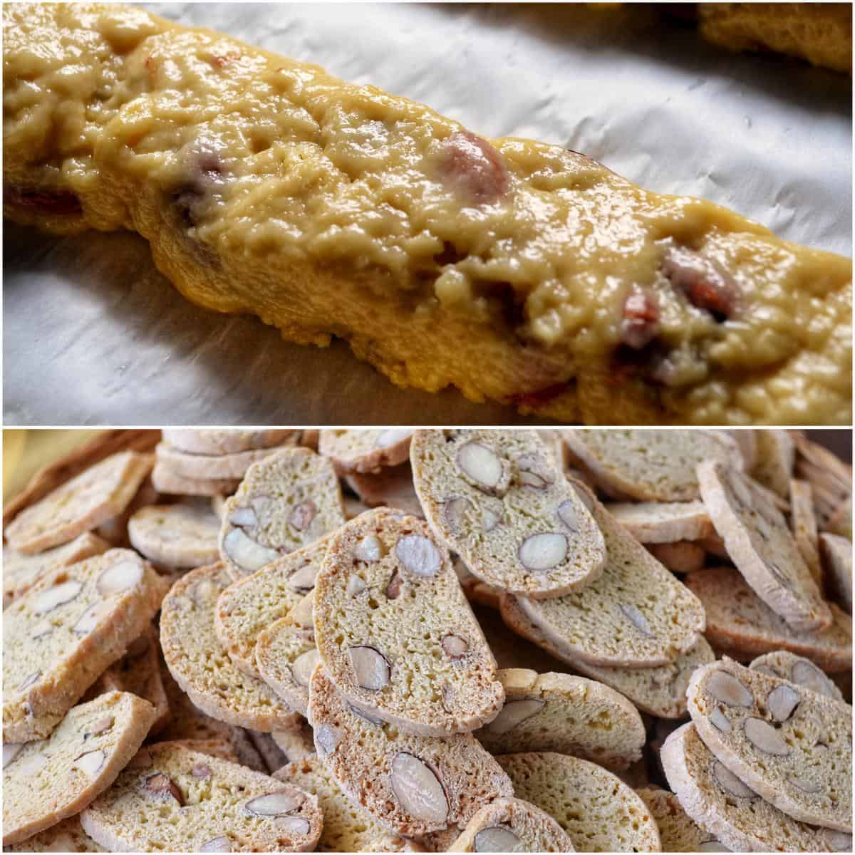 A photo collage of almond bread baked as a biscotti log.