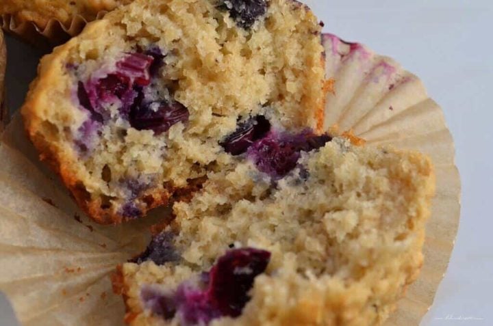 A close up of the tender crumb of the blueberry muffin, achieved by using buttermilk.