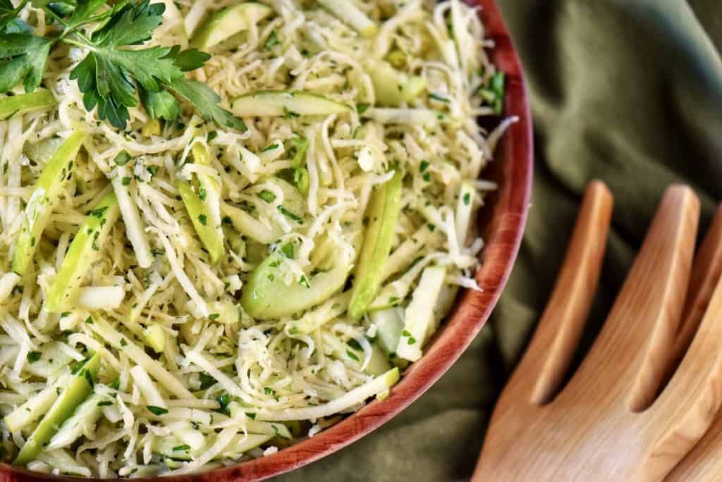 An overhead photo of celery root salad.