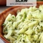 A Pinterest pin of a bowl of celery root slaw.
