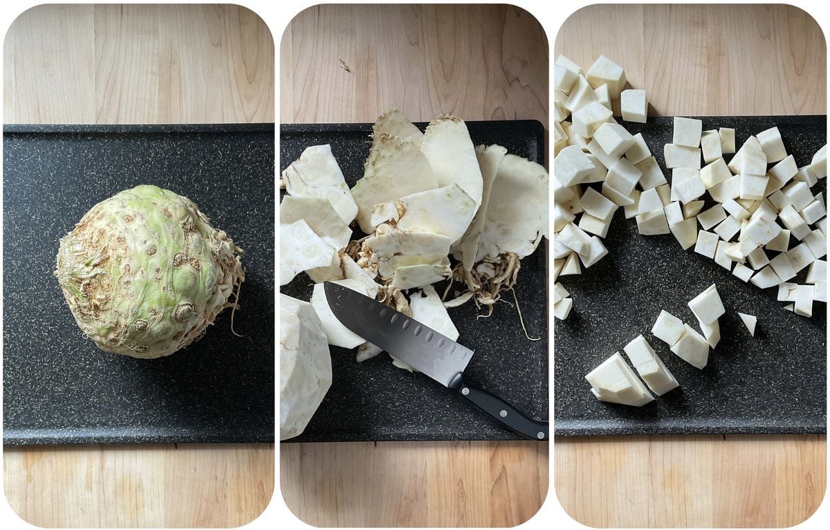 A photo collage of chopped celery root.