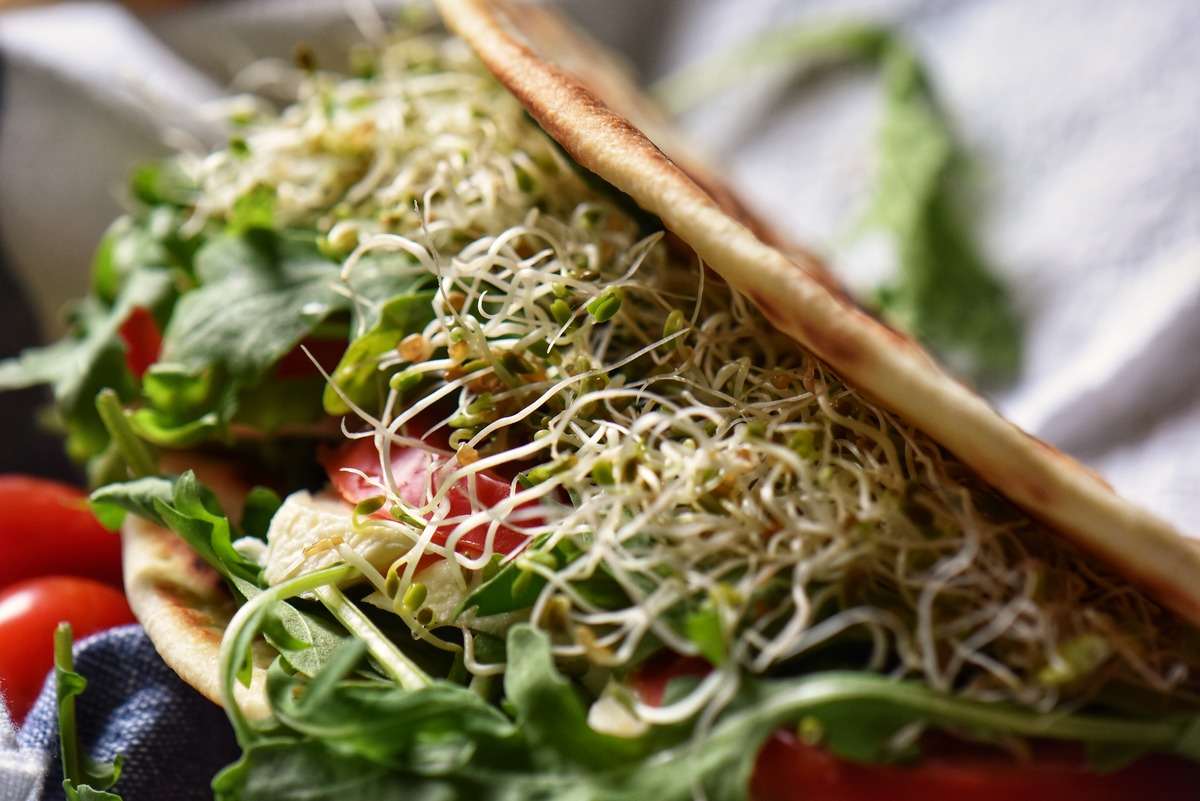 A piadina sandiwich with sprouts, arugula, cheese and tomato.