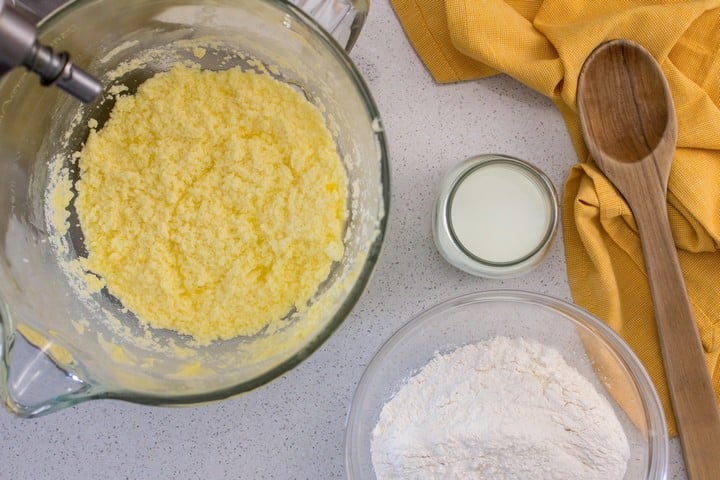 An overhead shot of the curdled batter after the addition of the lemon juice.