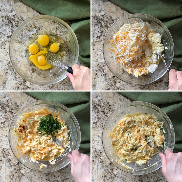 Four process shots involving the whisking of eggs and incorporating the cheeses, spices and herbs to make the best crustless quiche.