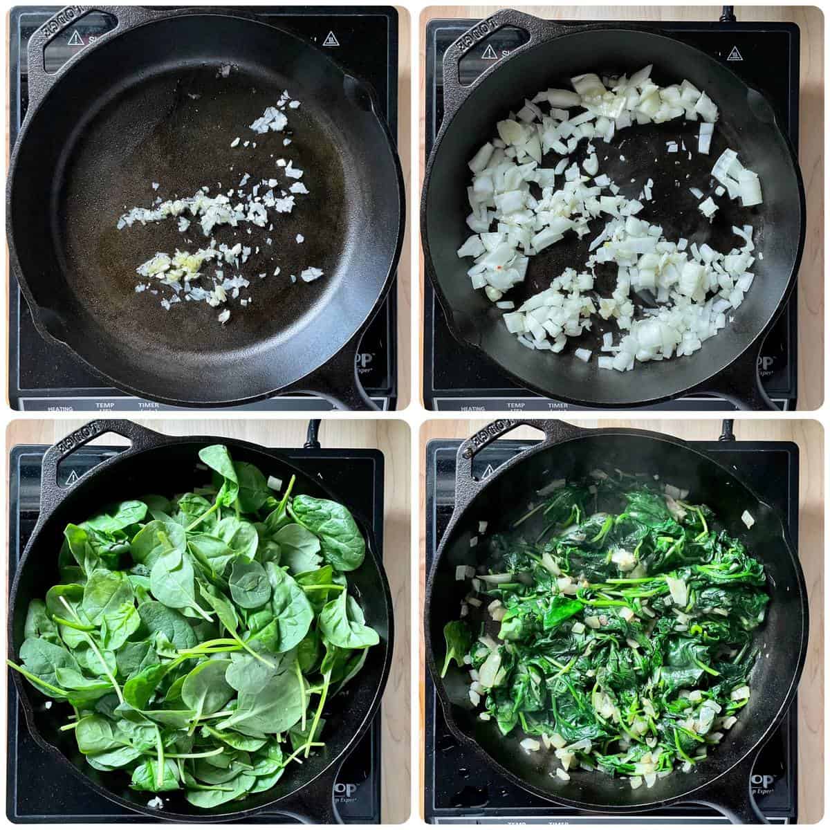 Four process shots show the garlic, onions and spinach being sauteed.