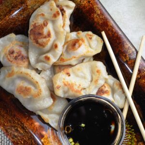 Pot stickers on a plate.
