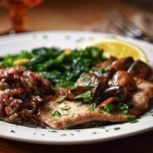 Veal scallopini with rapini and rice on a white plate.