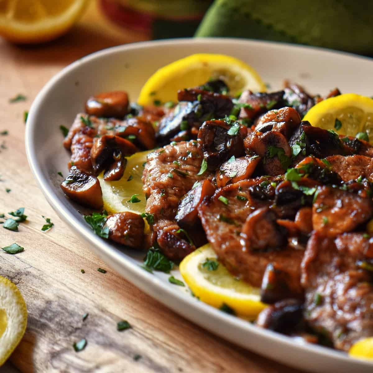 A platter of veal scallopini garnished with sliced lemon and Italian parsley. 