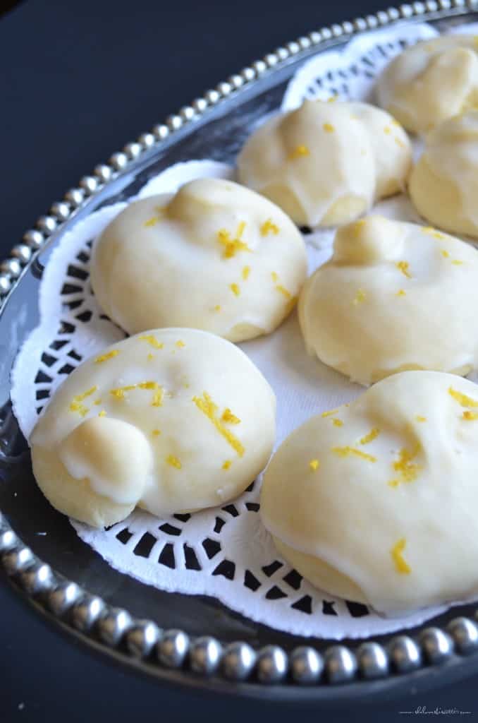 Italian Lemon knot cookies are seen on a pretty serving tray.