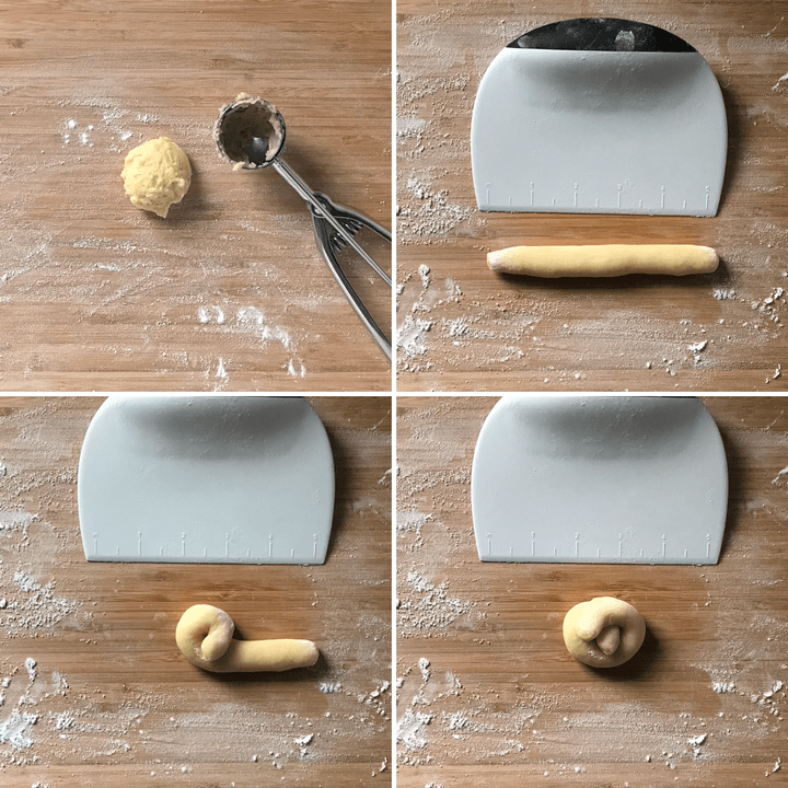 A collage of 4 pictures showing the process of rolling this Italian lemon cookie into a "fake" not. 