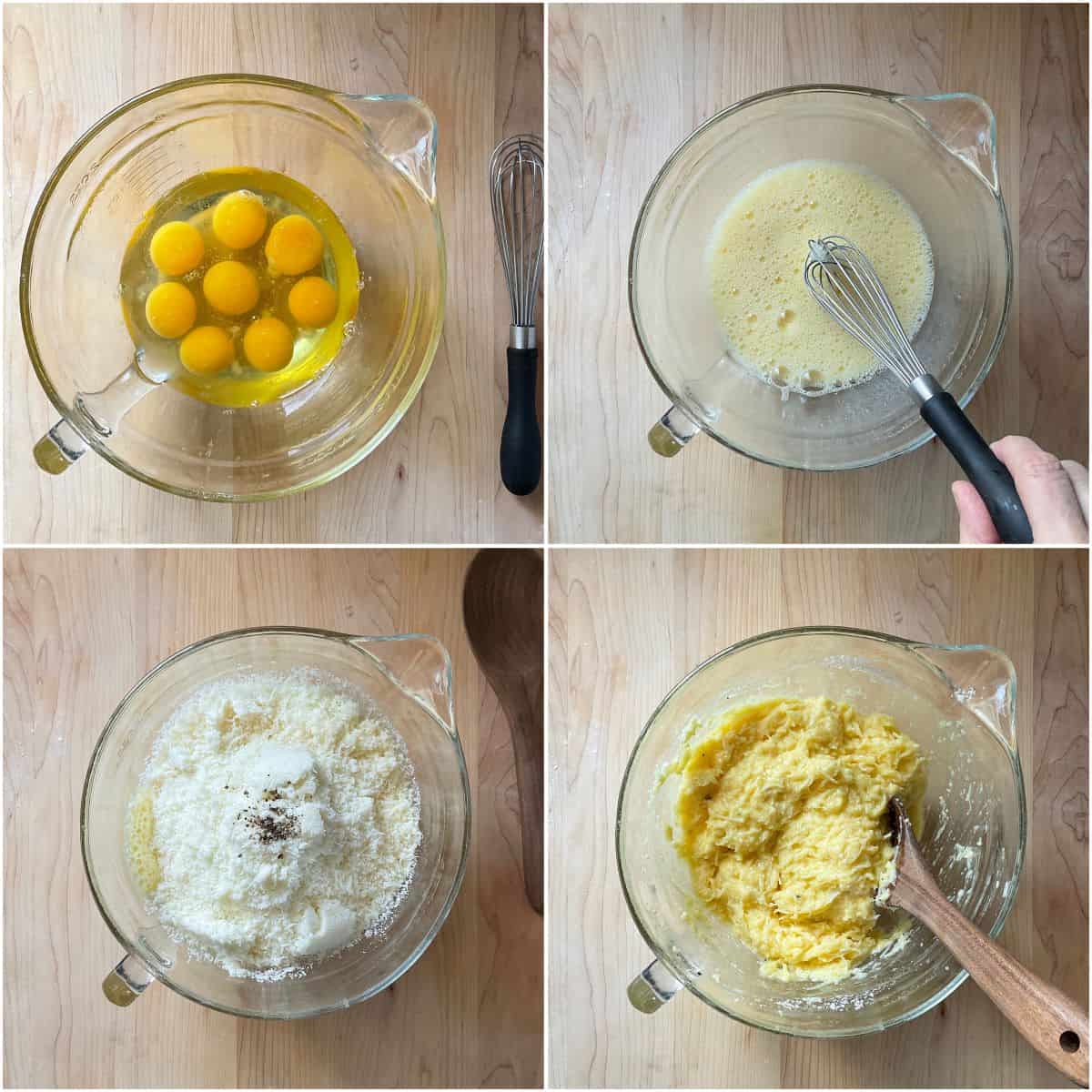 A photo collage of how to make the cheese filling for fiadone.
