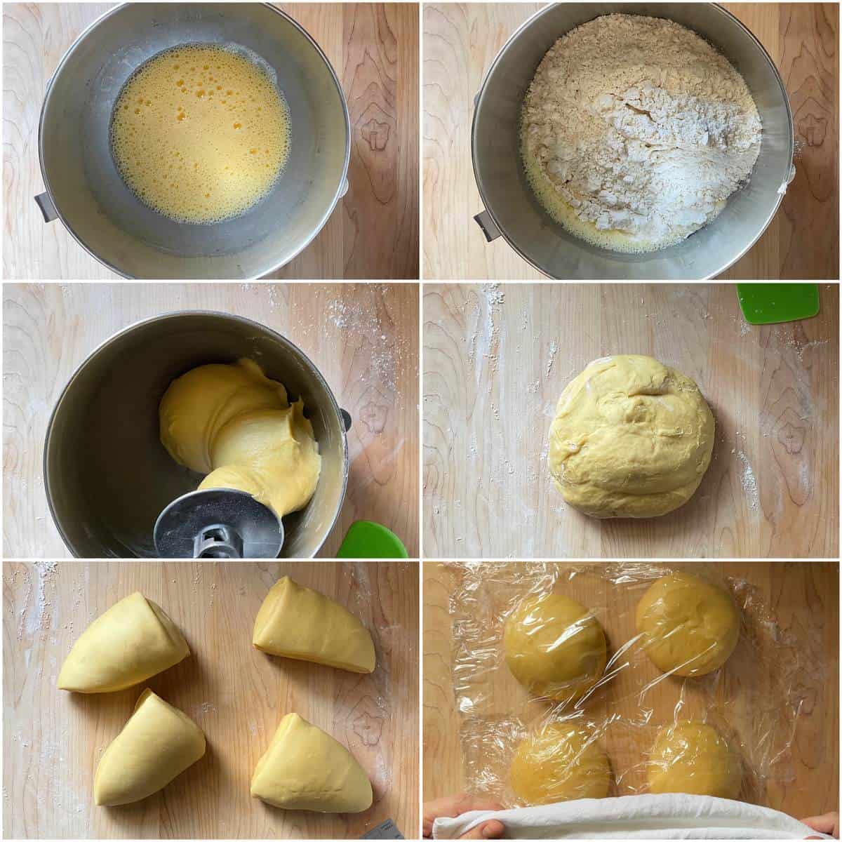 A photo collage of the dough preparation to make savory cheese fiadone.