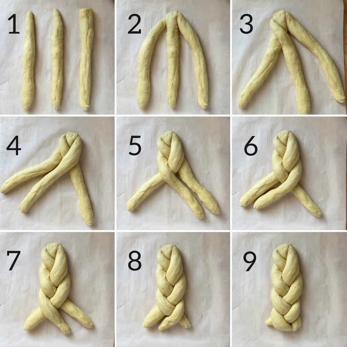 Step by step photo collage on how to make a braided Italian Easter loaf for Easter.