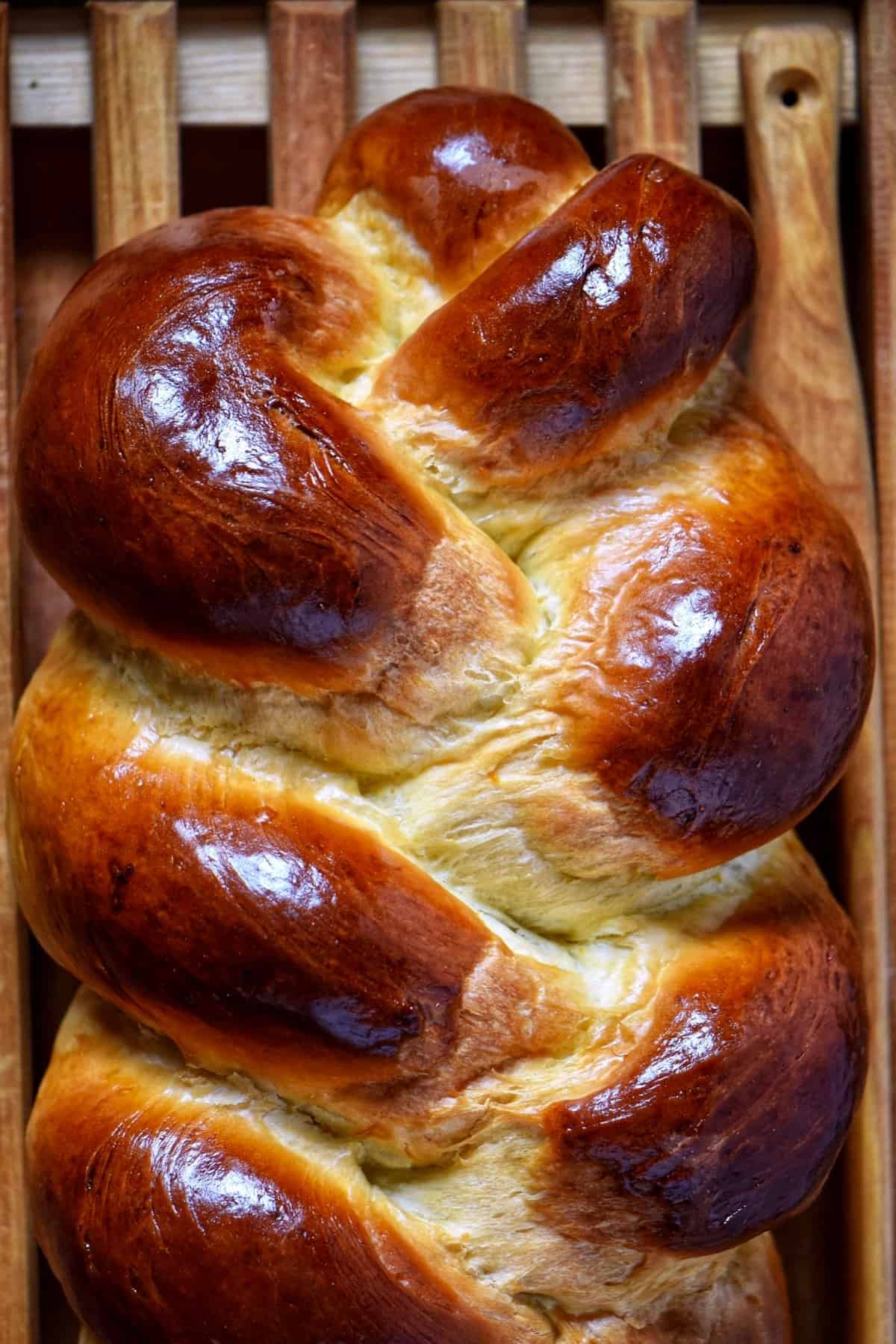 A close up photo of the golden color of the crust of braided Italian Easter bread.