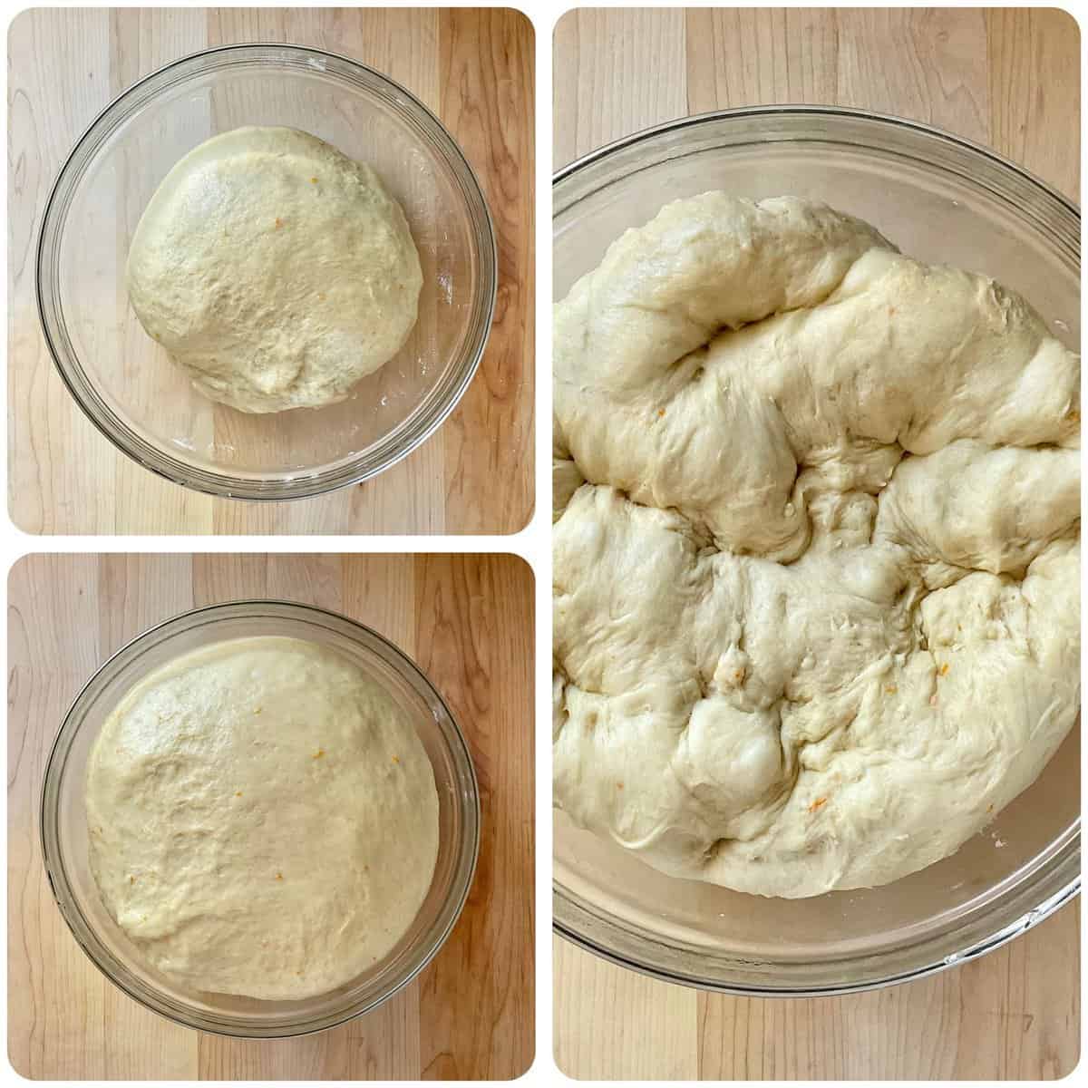 A photo collage of the dough proofing in a bowl.