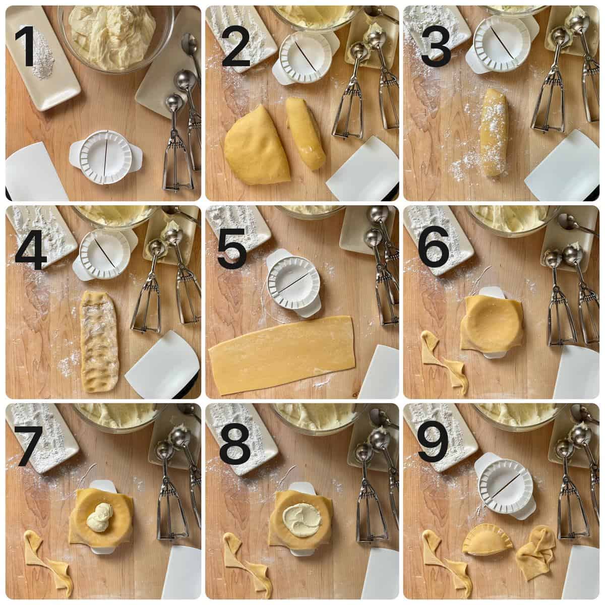 The step by step process to fill the mini ricotta pies.