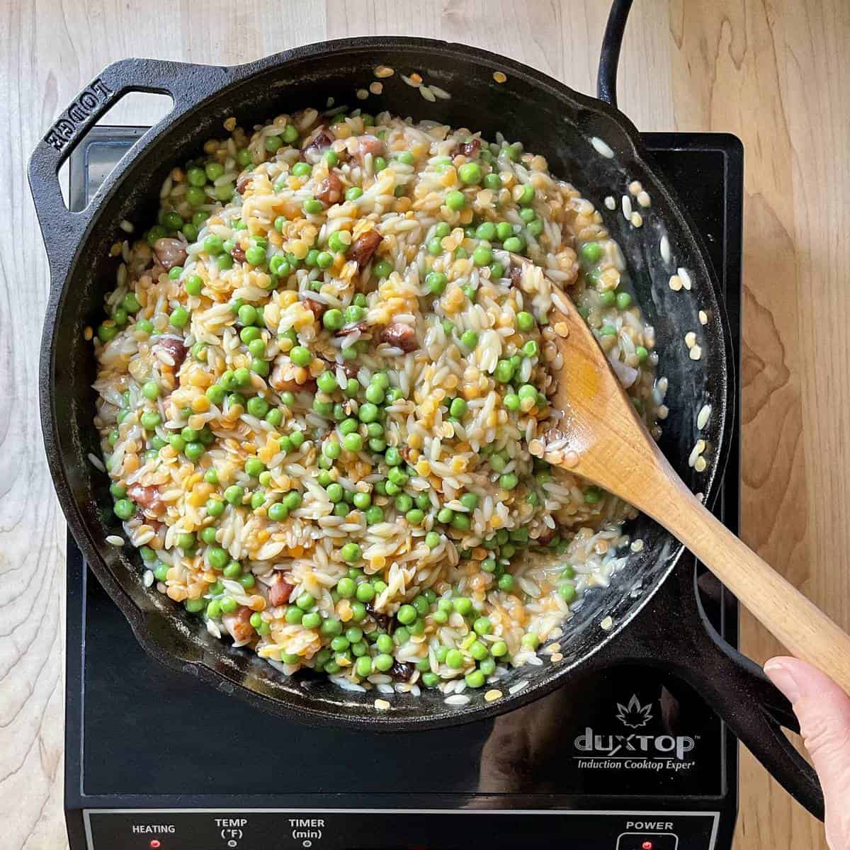Pasta risotto in a cast iron pan.