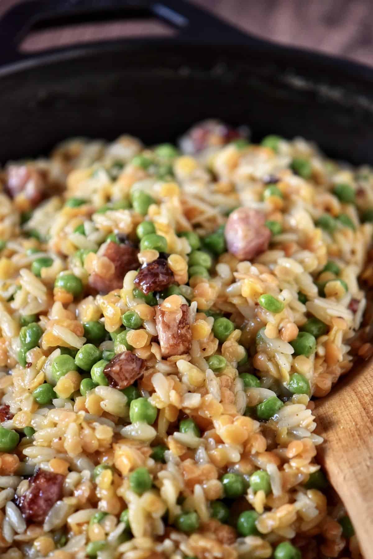 Orzo Pasta Risotto in a cast iron pan.