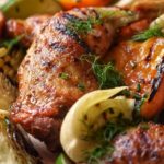 Grilled chicken legs with fennel and peaches.