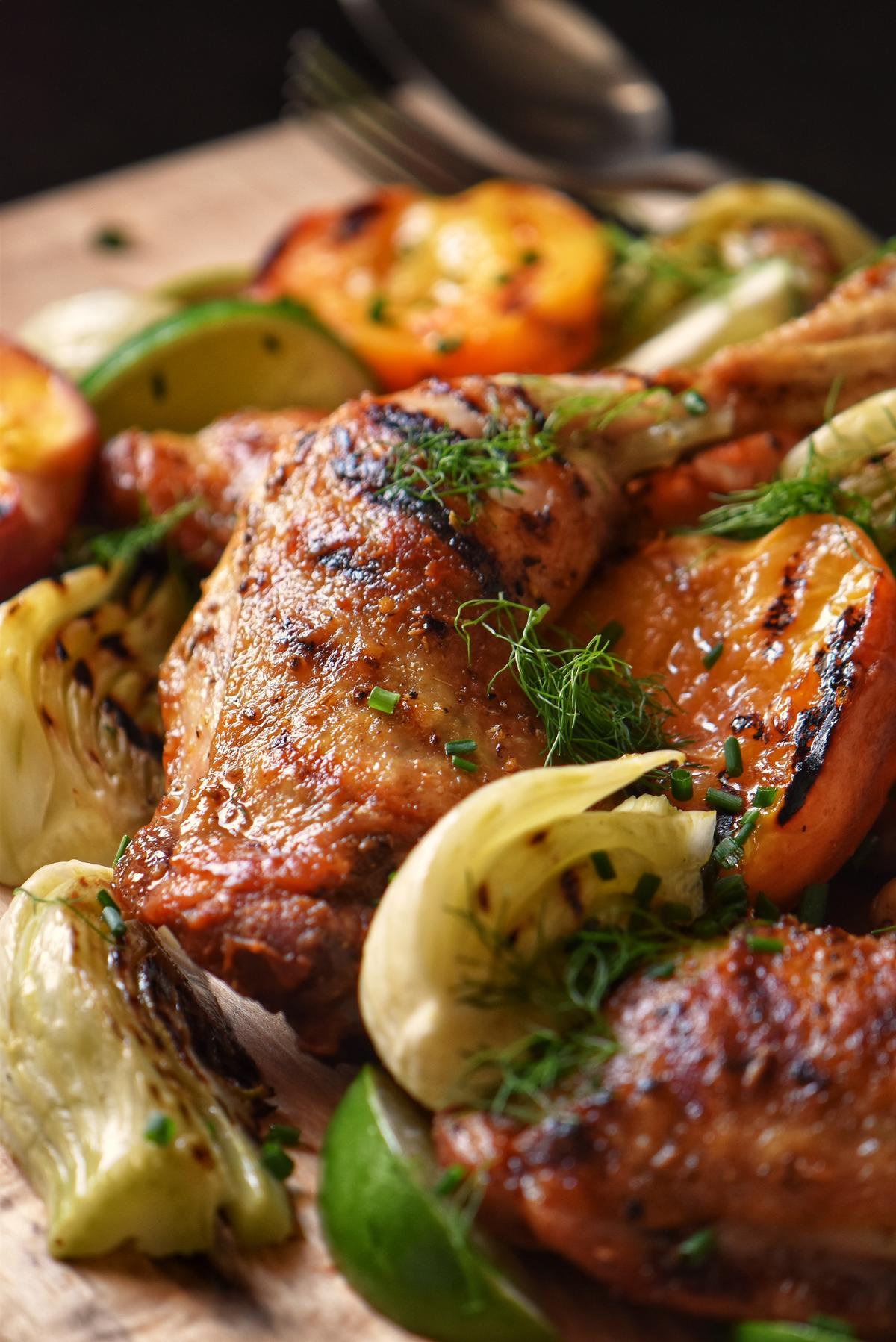 Grilled fennel and peaches with barbecued chicken.