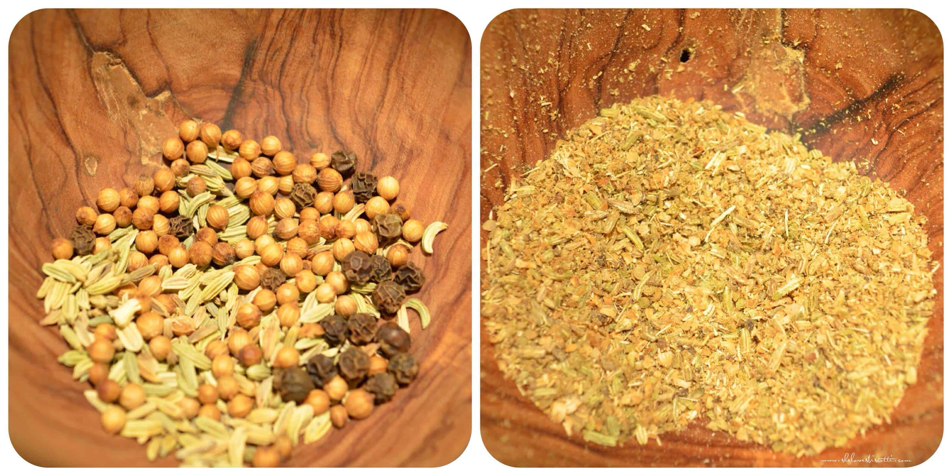 The before and after picture of whole and ground up fennel seeds, coriander and peppercorns.