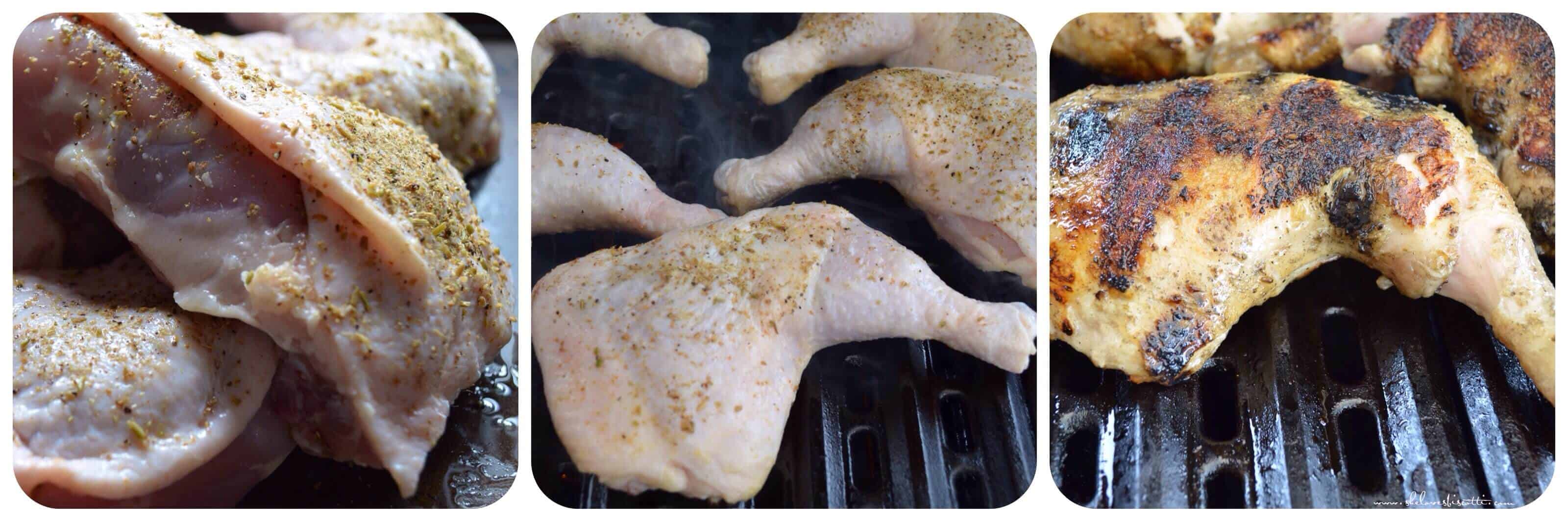 A photo collage of chicken being barbecued on a grill. 