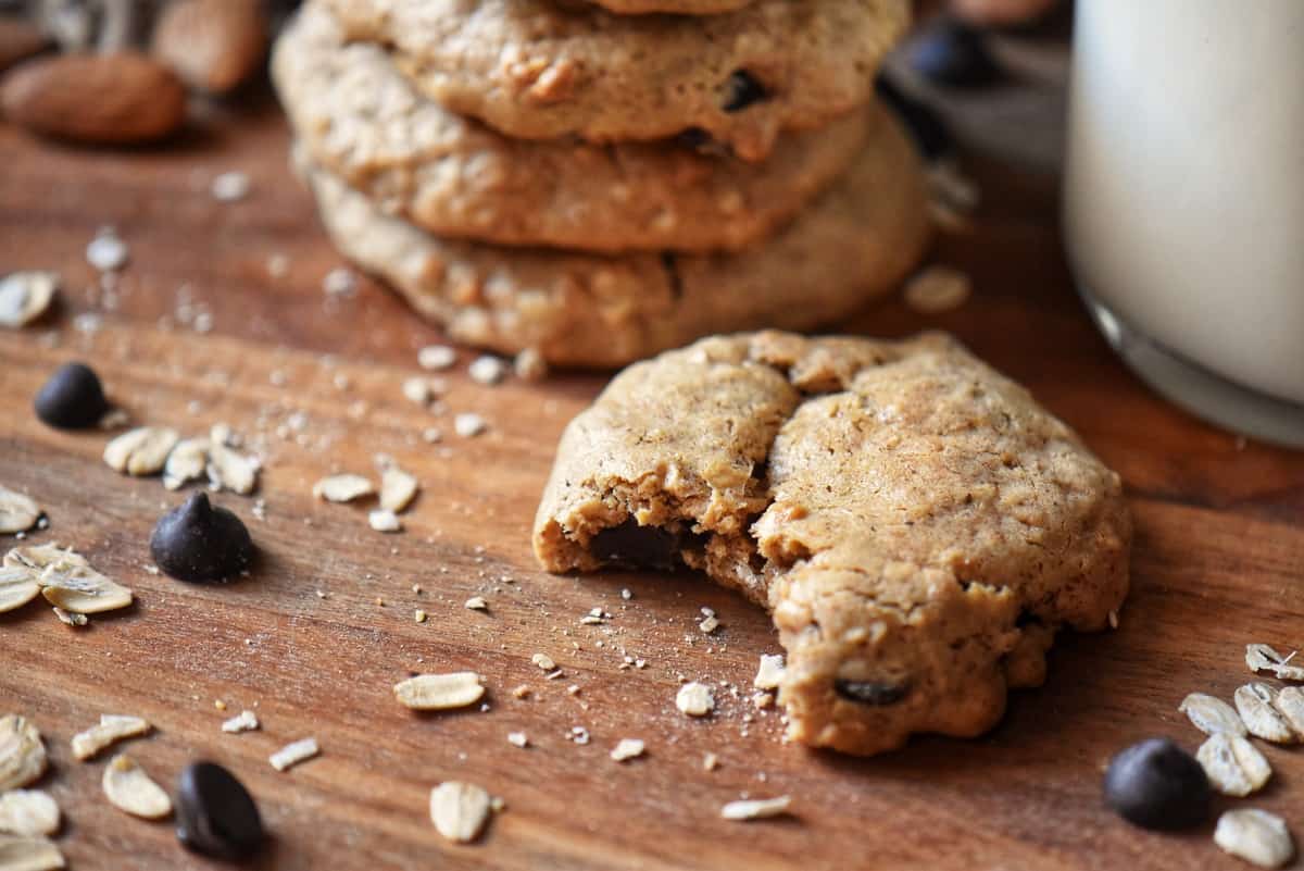 Almond Oatmeal Chocolate Cookies with bite taken out.