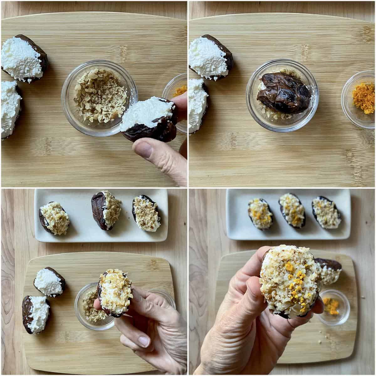 Photo collage of finely chopped walnuts and orange zest garnishing a ricotta studded date.