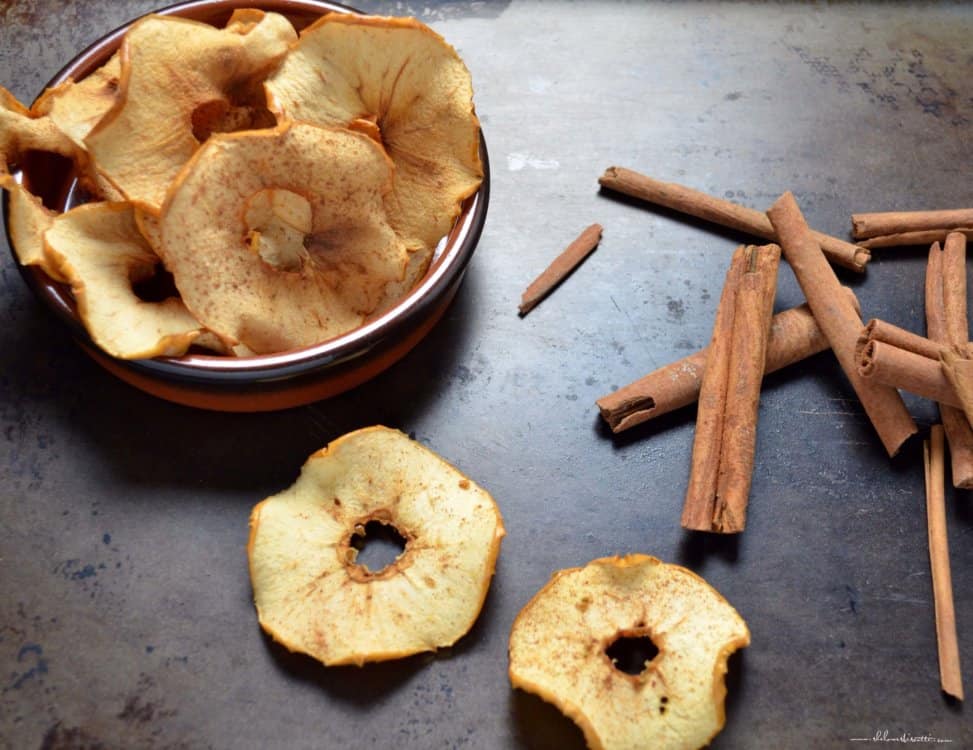 A bowl of apple chips and cinnamon sticks.