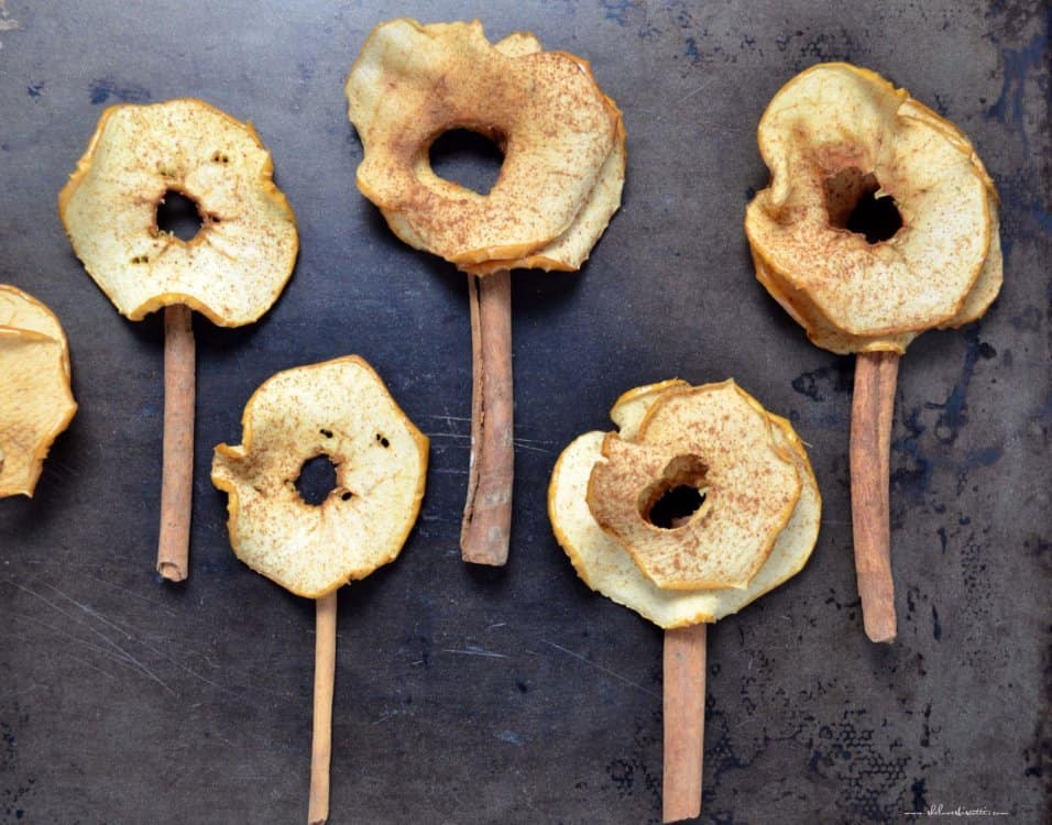 Apple chips and cinnamon sticks have been shaped like flowers.