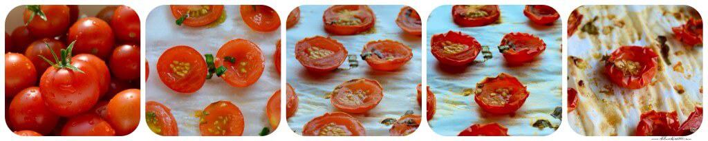 A series of process shots showing the different texture and color of the cherry tomato as it goes through the drying process.