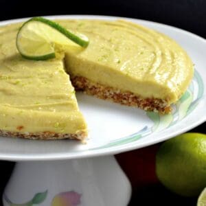 Vegan avocado pie on a cake platter.