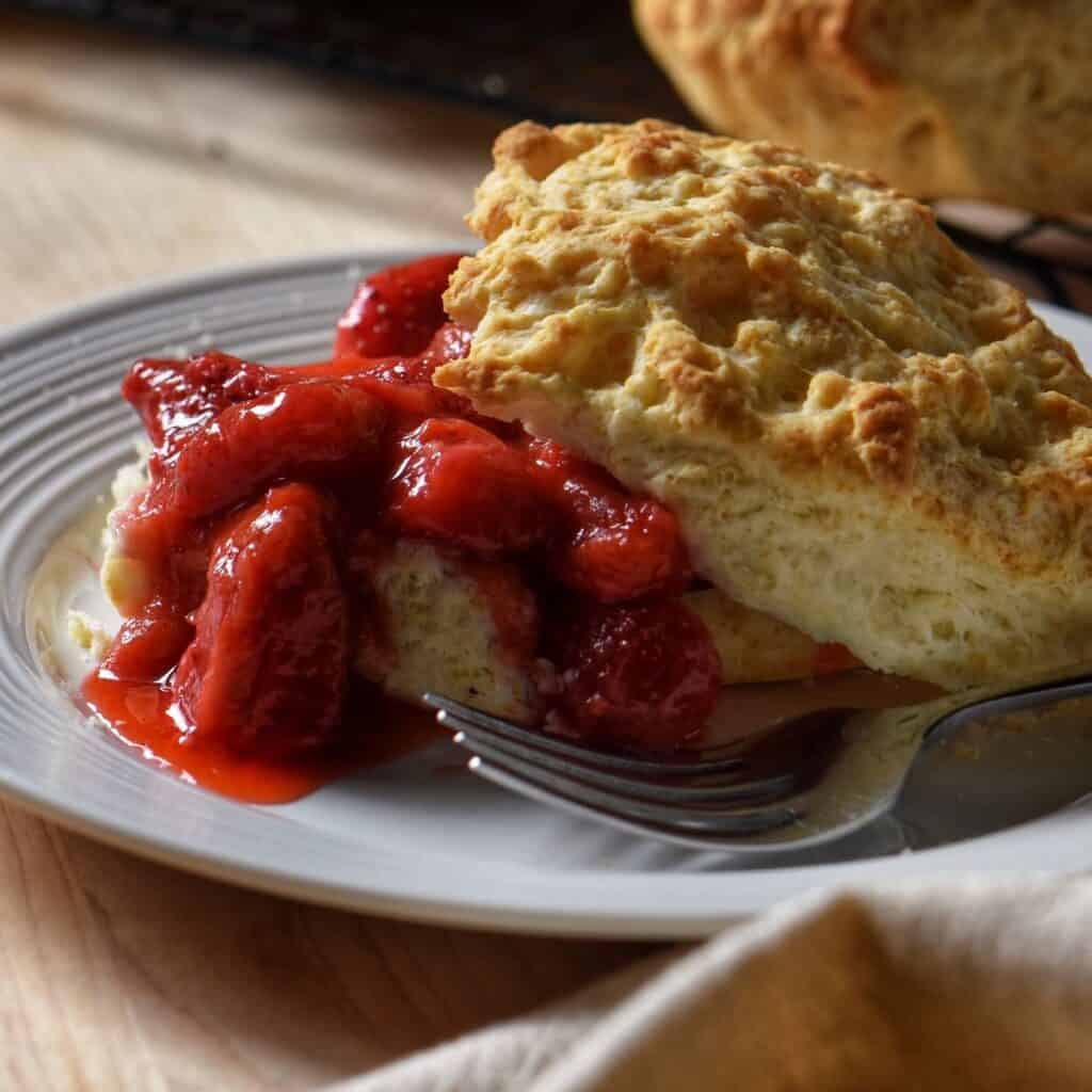 Strawberry rhubarb compote over a split open homemade biscuit.