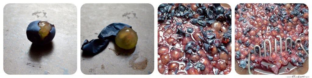 The preliminary steps of making grape jelly involve crushing the concord grapes with a potato masher.