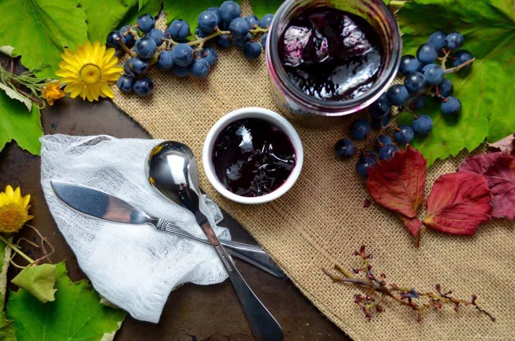 An overhead shot of the grape jelly in a small bowl along side some fresh grapes.