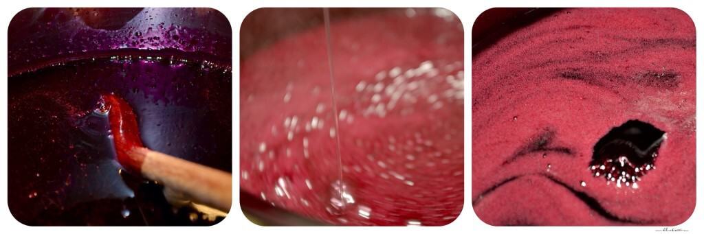 A few process shots depicting how to skim the foam from the simmering grape juice extract.