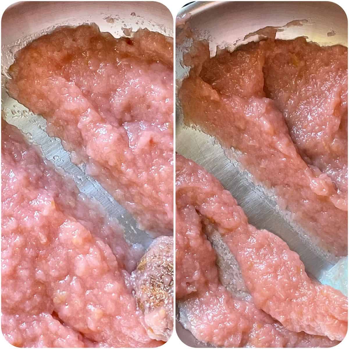 A photo collage of the texture of apple butter.