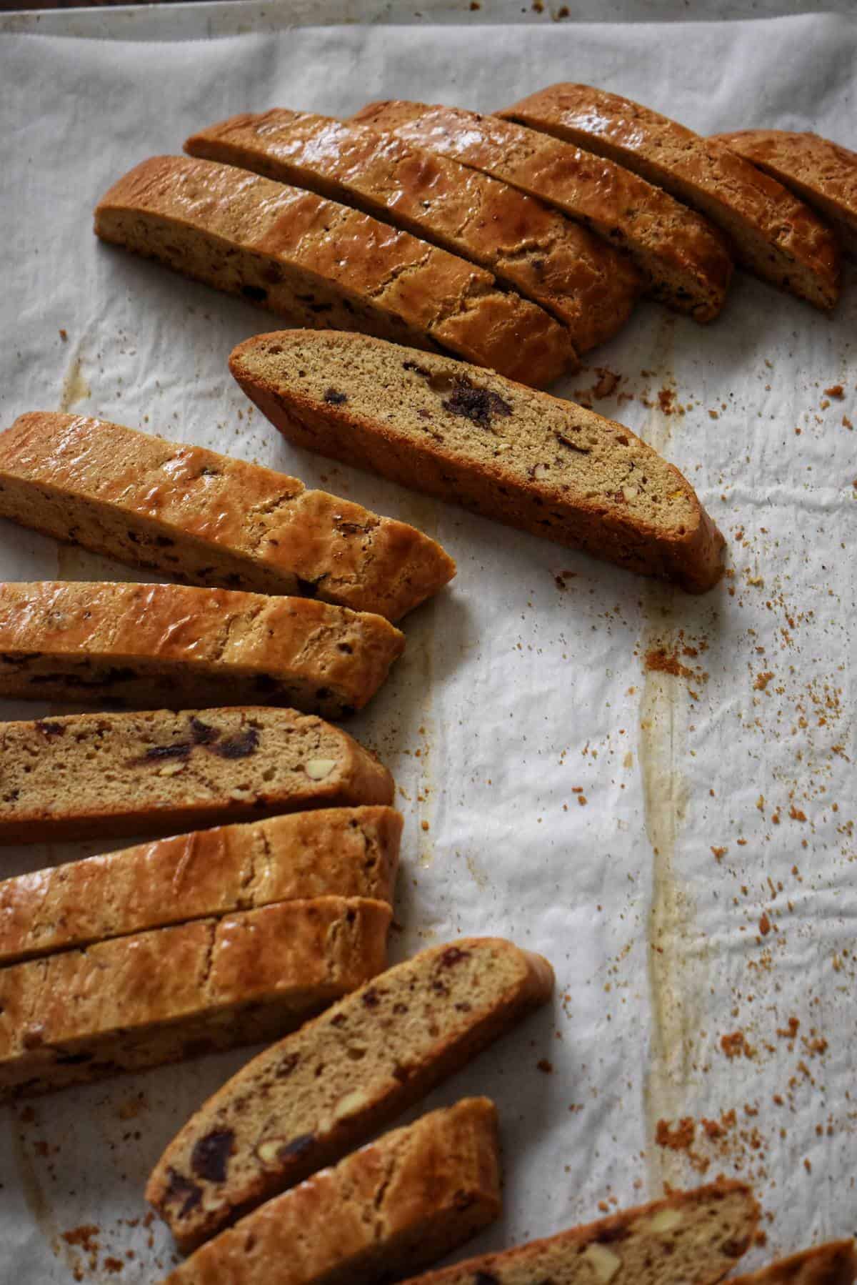 A sliced loaf of date biscotti.