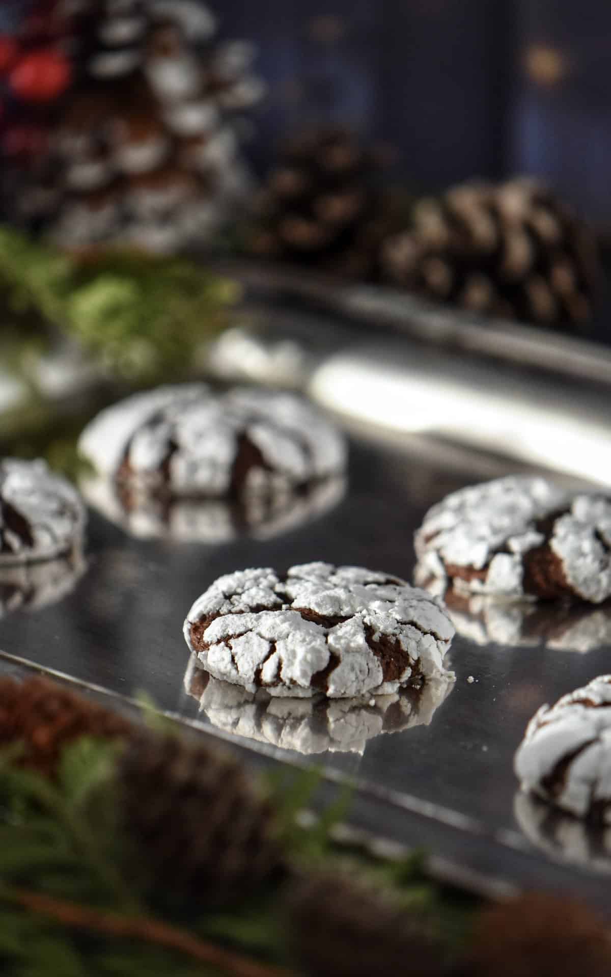 Snowcap cookies on a silver tray.