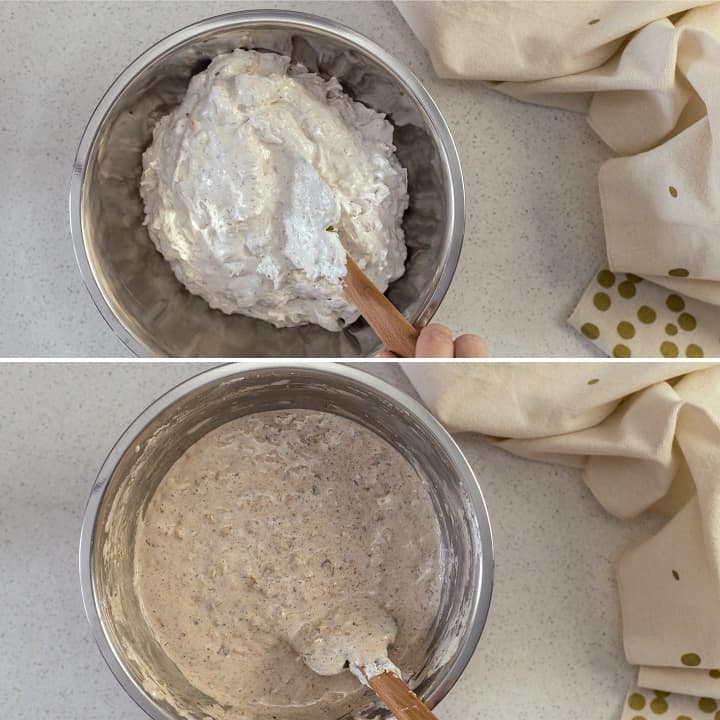 A collage showing the mixture before and after it is heated on the stove top.