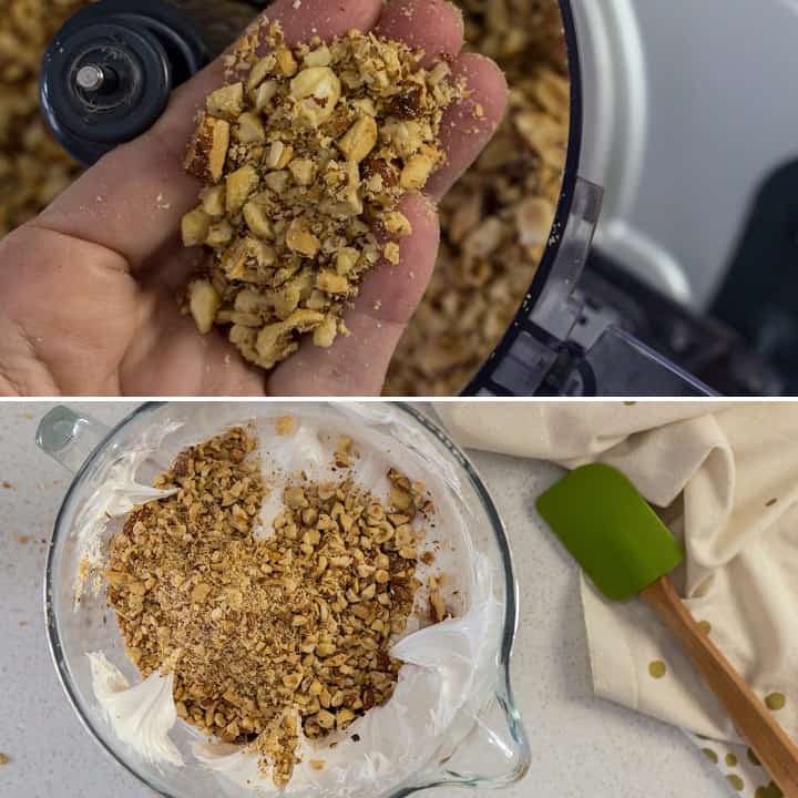 A collage of 2 pictures showing the texture of the nuts to make the brutti ma buoni.