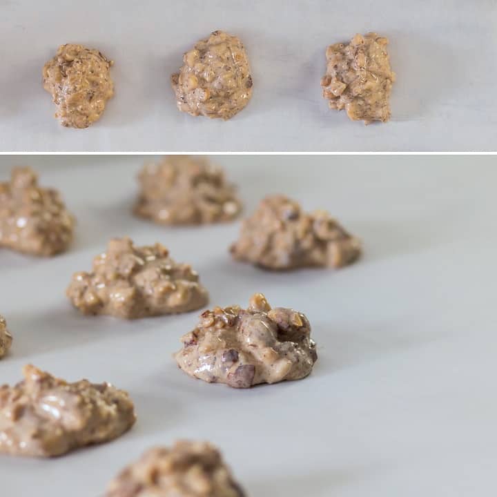 The brutti ma buoni are portioned on a parchment lined baking sheet.