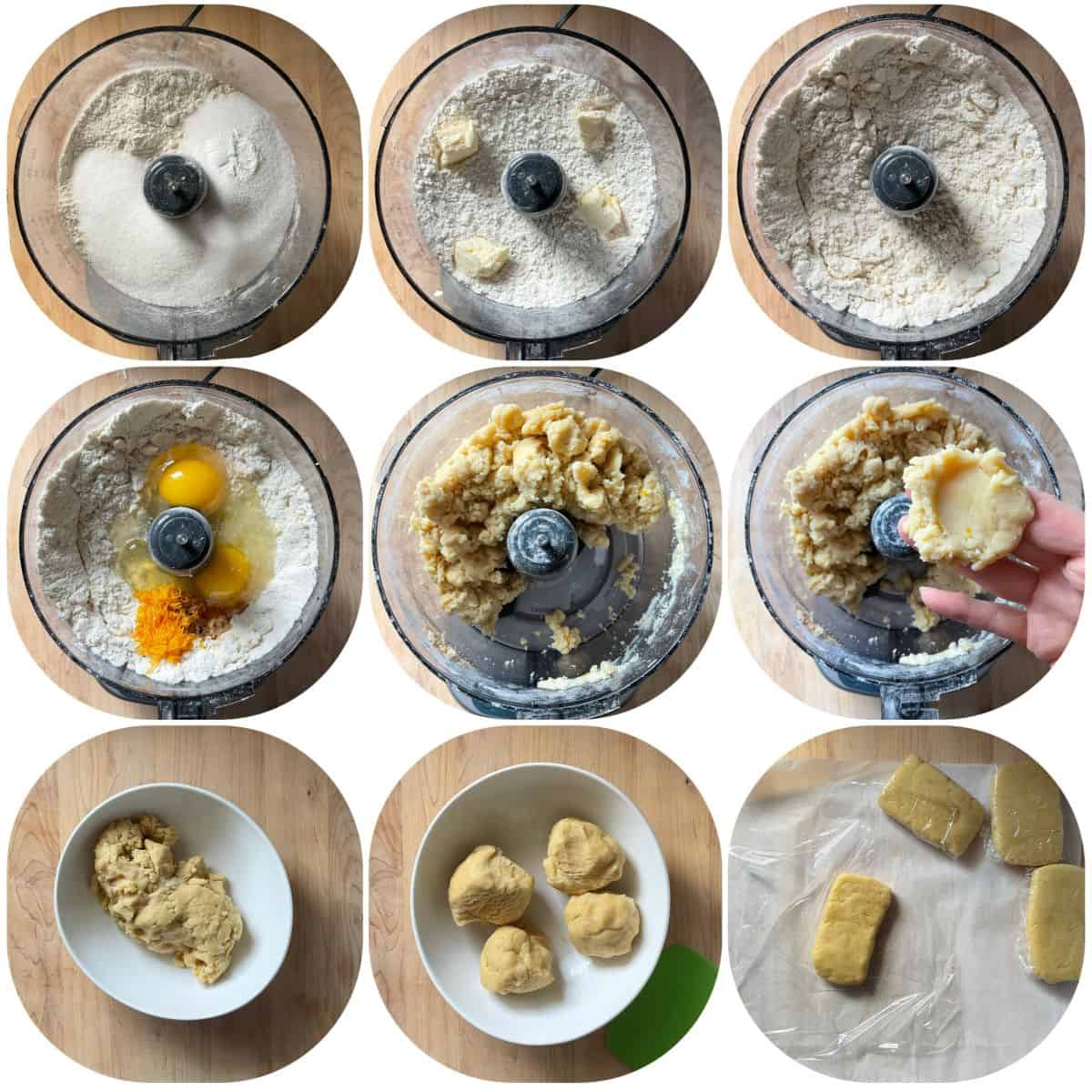 A photo collage of the process to make the dough for fig cookies.