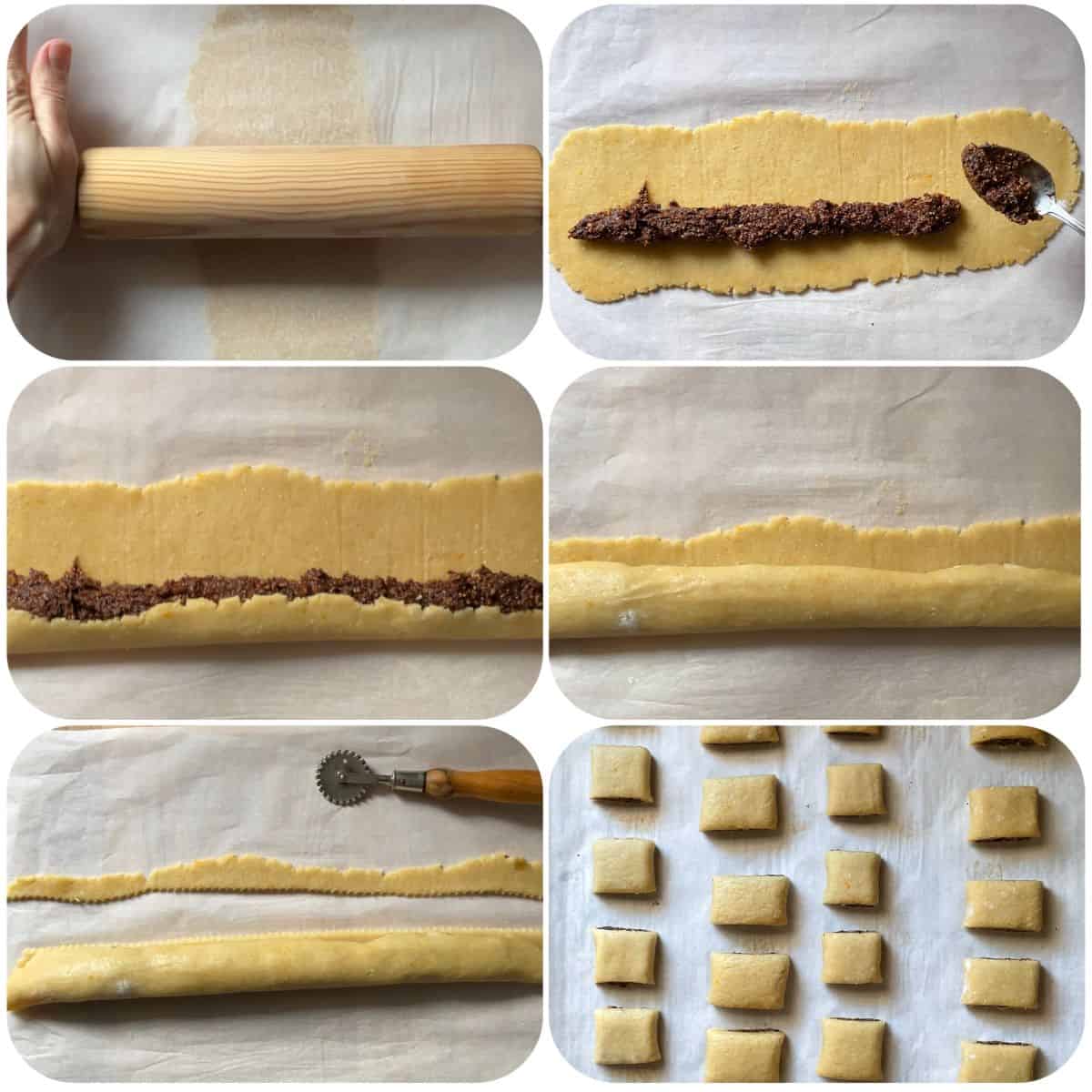 A photo collage of the process of making Italian fig cookies.