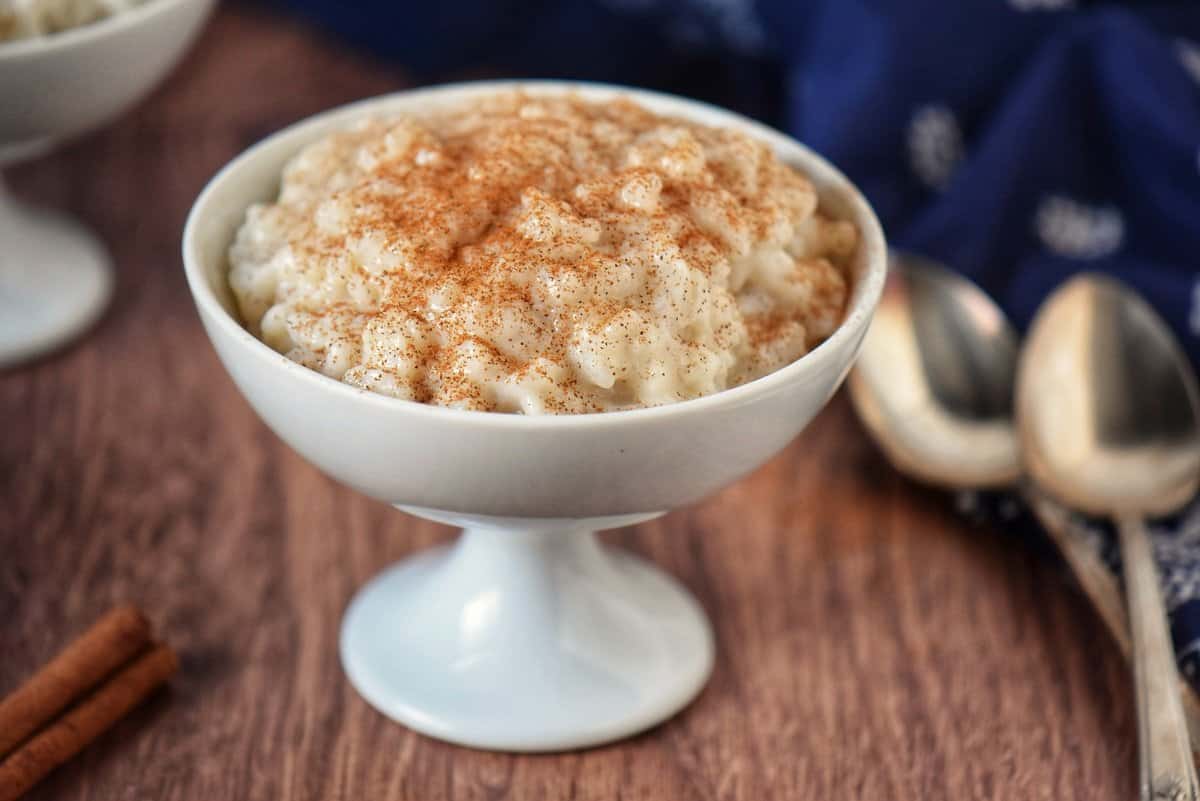 Italian rice pudding in a white serving bowl.